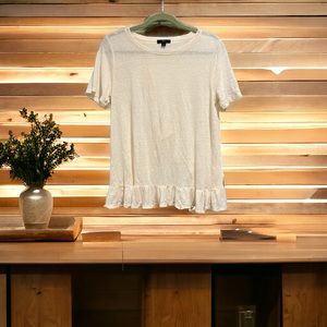 J crew‎ ivory T shirt with ruffle detail in the back with opening size small